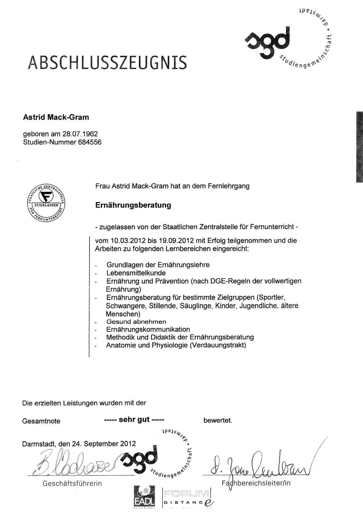 Abschlusszeugnis Ernährungsberatung
