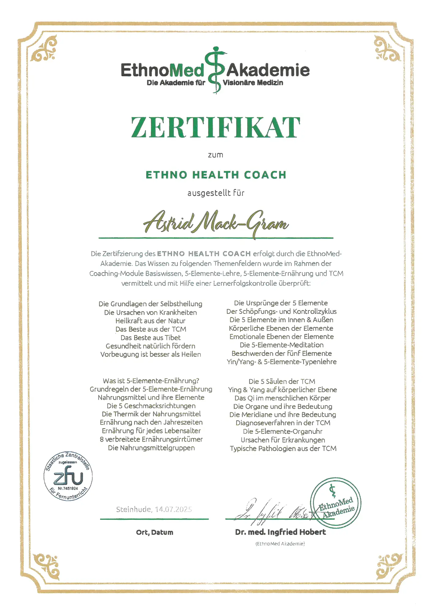 Zertifikat EthnoHealth Coach