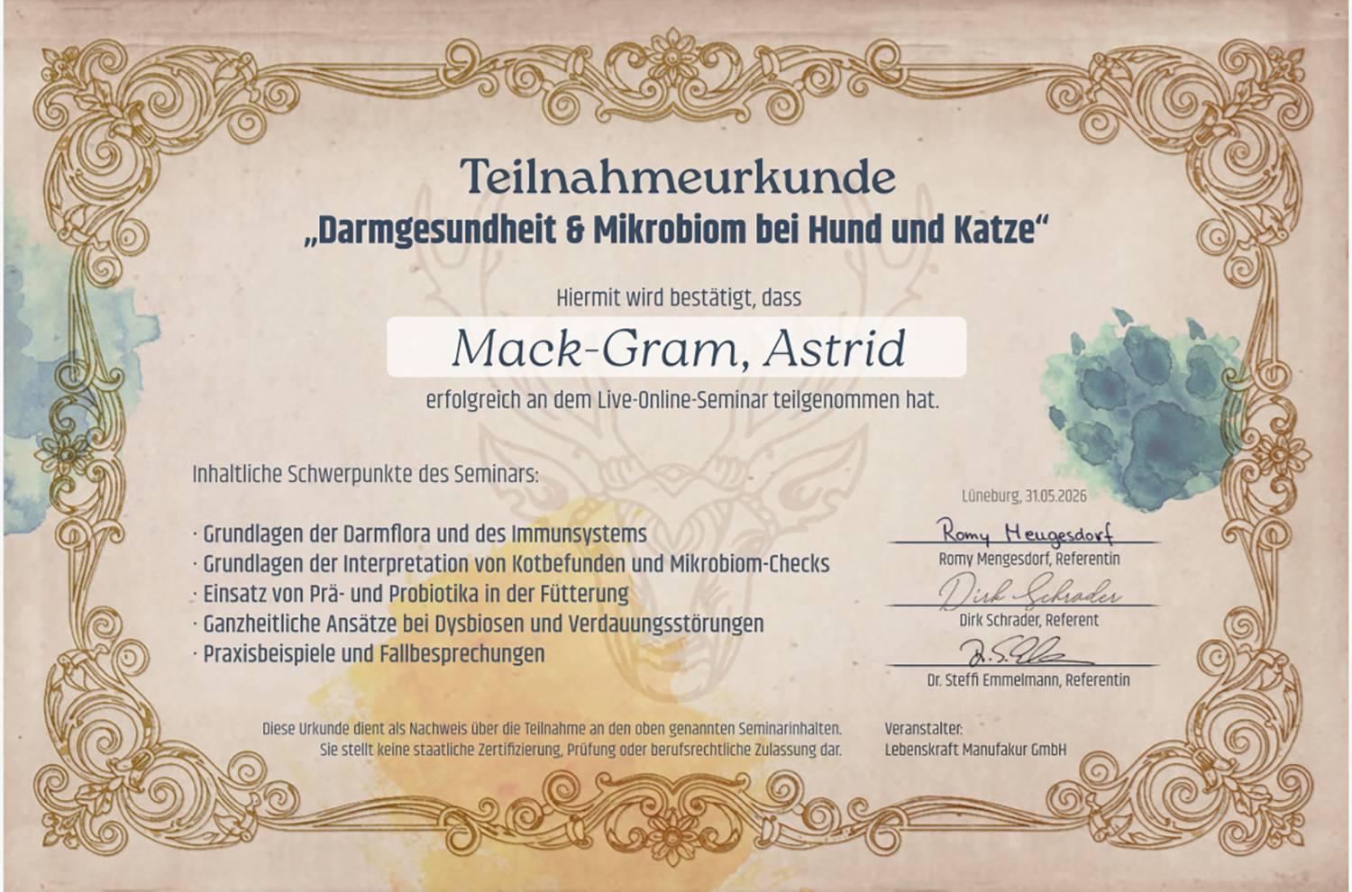Teilnahmeurkunde Darmgesundheit und mikrobiom
