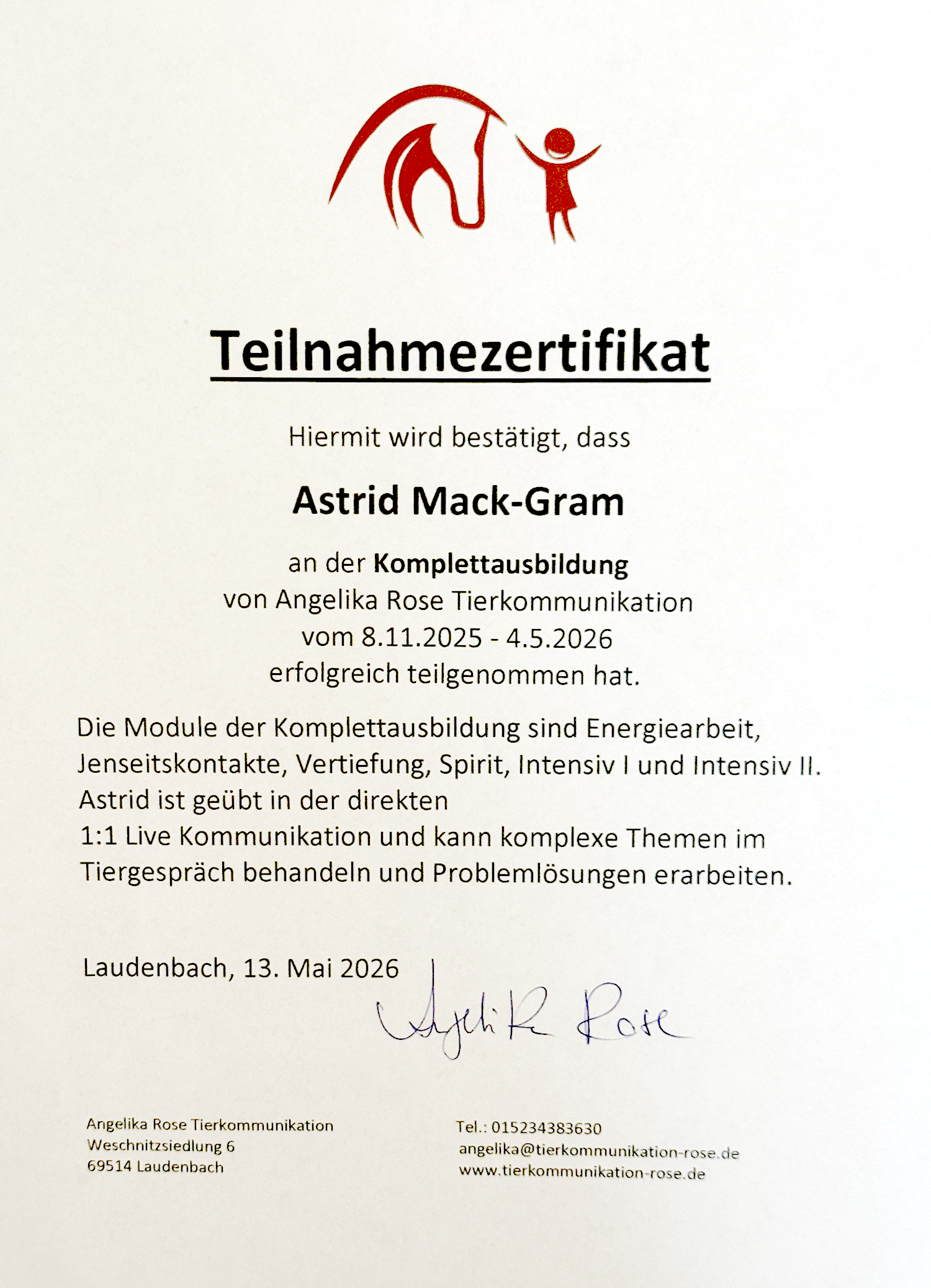 Teilnahmezertifikat Tierkommunikation